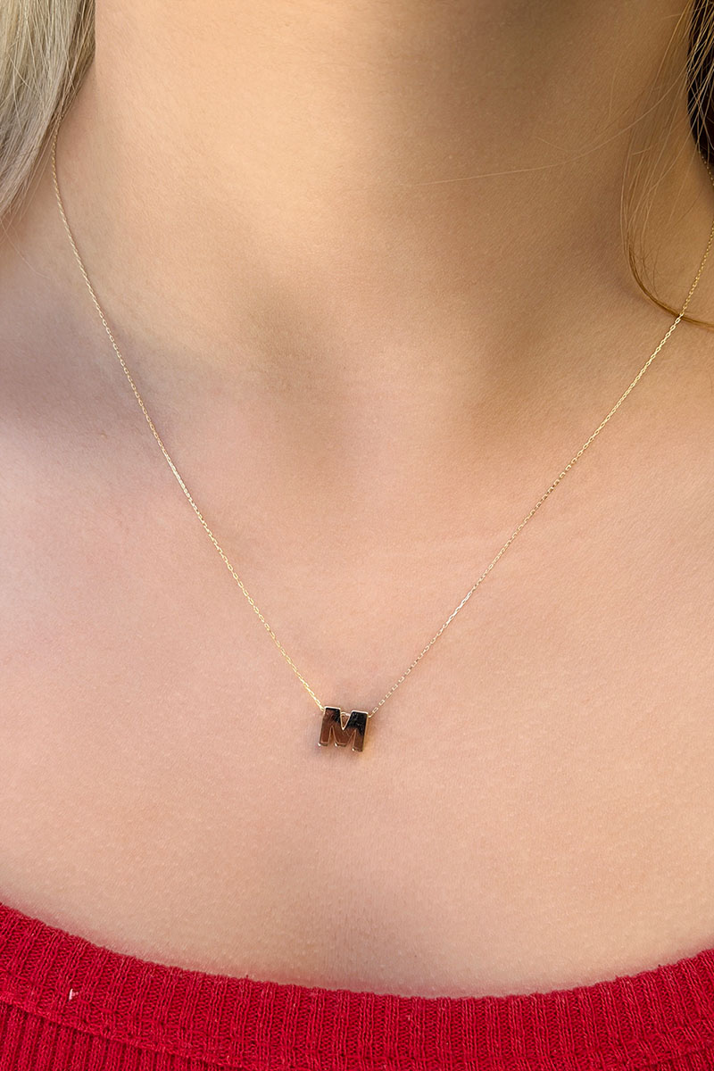 14 Ayar Altın 3 Boyutlu M Harfli Kolye