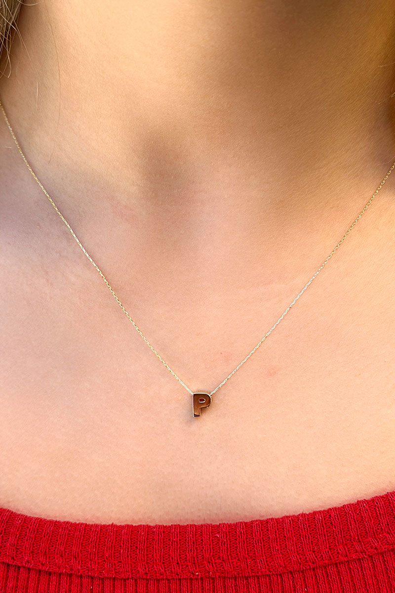 14 Ayar Altın 3 Boyutlu P Harfli Kolye