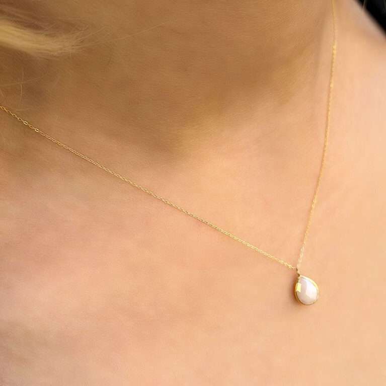 14 Ayar Altın Beyaz Renkli Damla Kolye