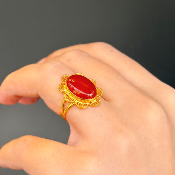 14 Ayar Altın Açık Renk Telkari Akik Taşlı Yüzük