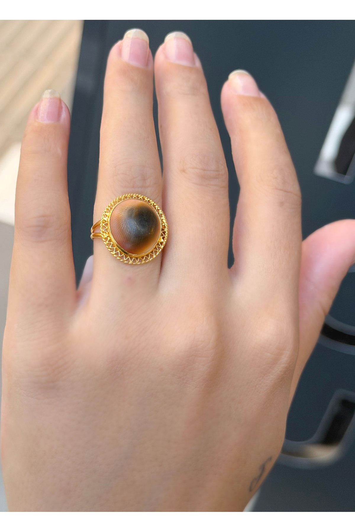 14 Ayar Altın Kaplan Gözü Taşlı Yüzük
