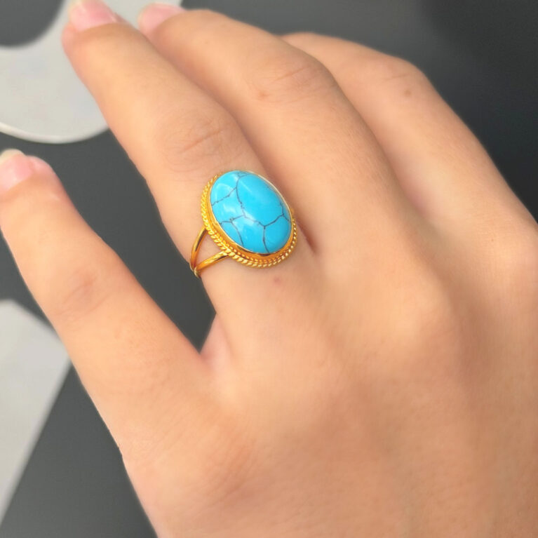 14 Ayar Altın Damarlı Firuze Taşlı Yüzük