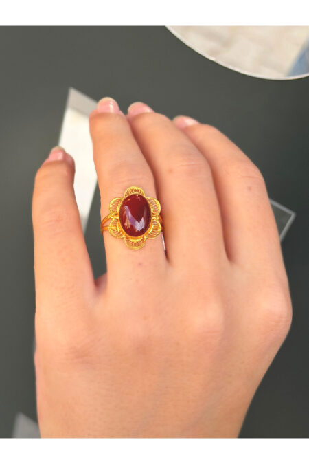 14 Ayar Altın Telkari Akik Taşlı Yüzük