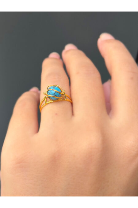 14 Ayar Altın Kafesli Firuze Taşlı Yüzük