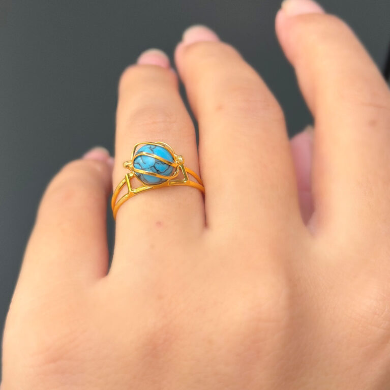 14 Ayar Altın Kafesli Firuze Taşlı Yüzük