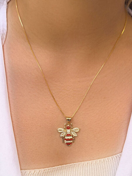 14 Ayar Altın Kırmızı Mineli Arı Kolye