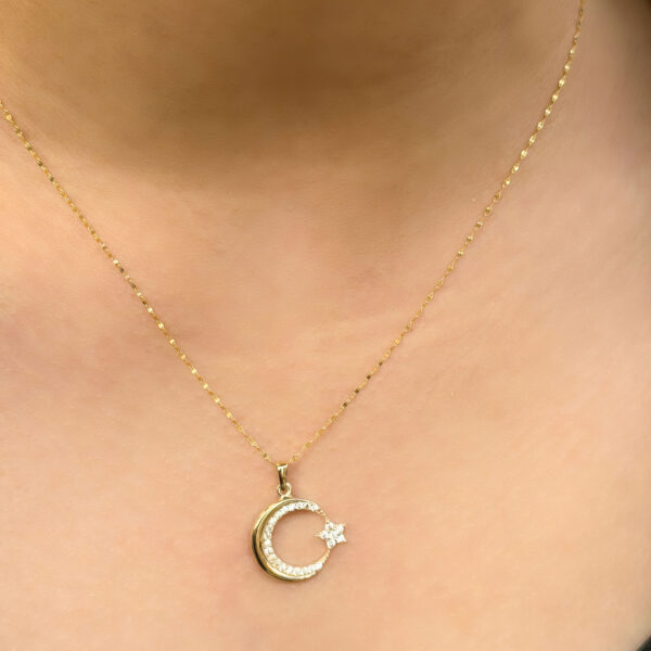 14 Ayar Altın Taşlı Ay Yıldız Kolye