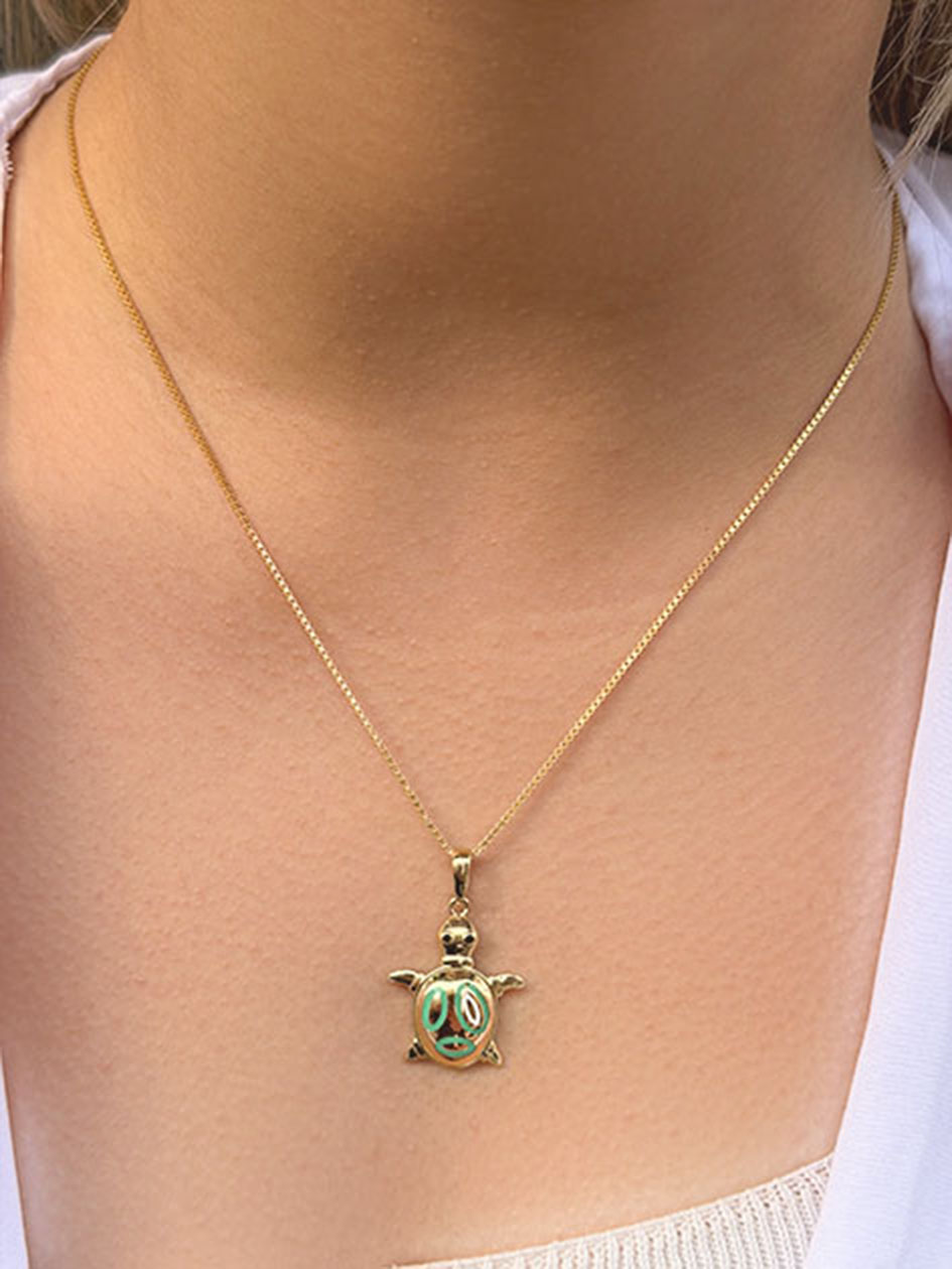 14 Ayar Altın Yeşil Mineli Kaplunbağa Kolye