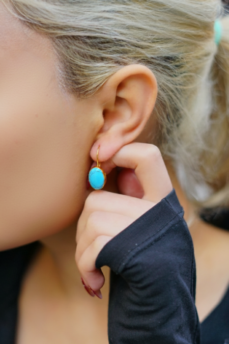 14 Ayar Altın Oval Damarlı Firuze Küpe