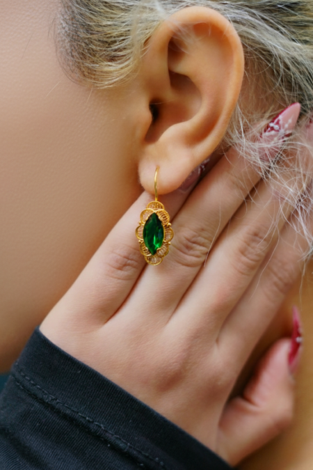 14 Ayar Altın Telkari Zümrüt Küpe