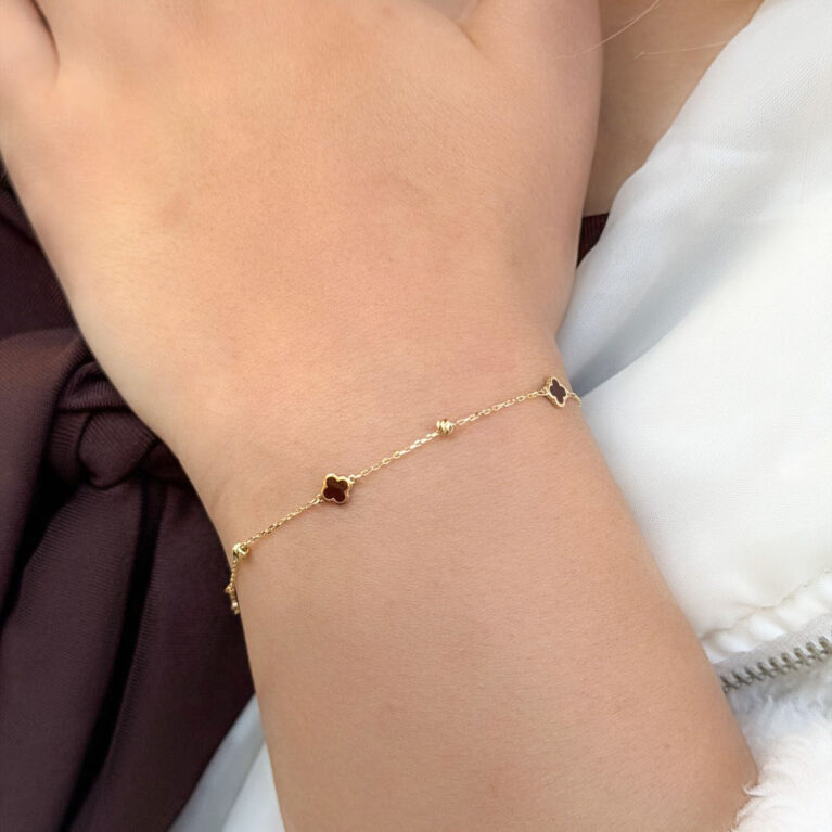 14 Ayar Altın Kahverengi Mineli Yonca Bileklik