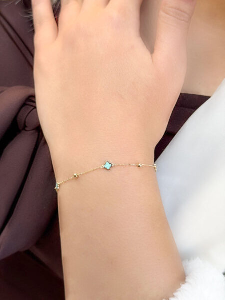 14 Ayar Altın Turkuaz Mineli Yonca Bileklik