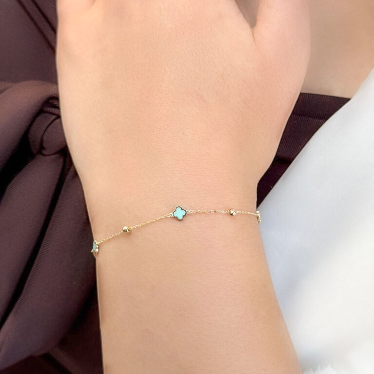 14 Ayar Altın Turkuaz Mineli Yonca Bileklik