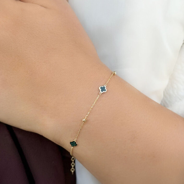 14 Ayar Altın Yeşil Mineli Yonca Bileklik