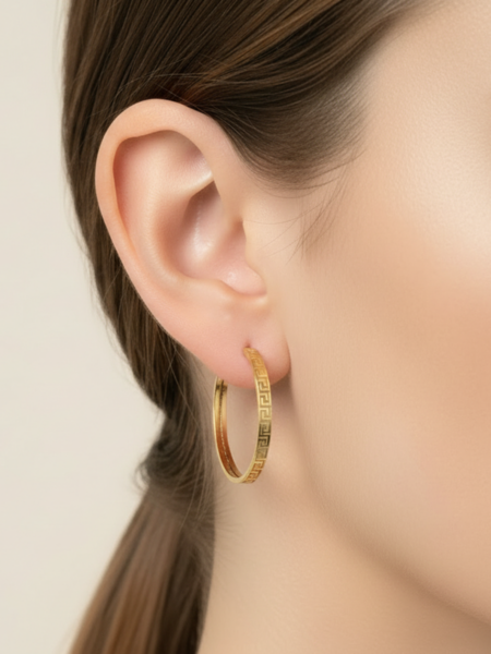 14 Ayar Altın L Boy Grek Desenli Halka Küpe