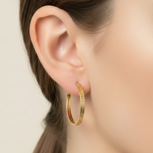 14 Ayar Altın L Boy Grek Desenli Halka Küpe