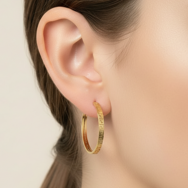 14 Ayar Altın L Boy Grek Desenli Halka Küpe